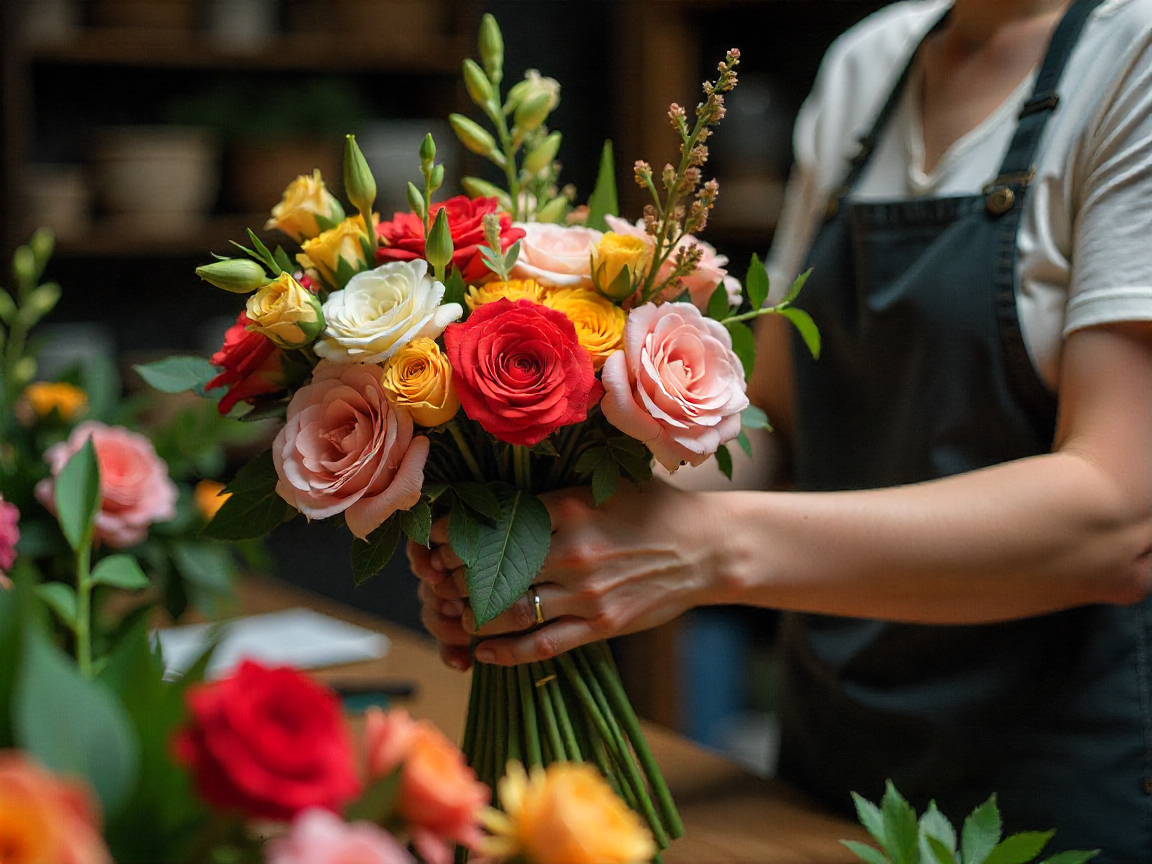 Floristry workshop with fresh flowers
